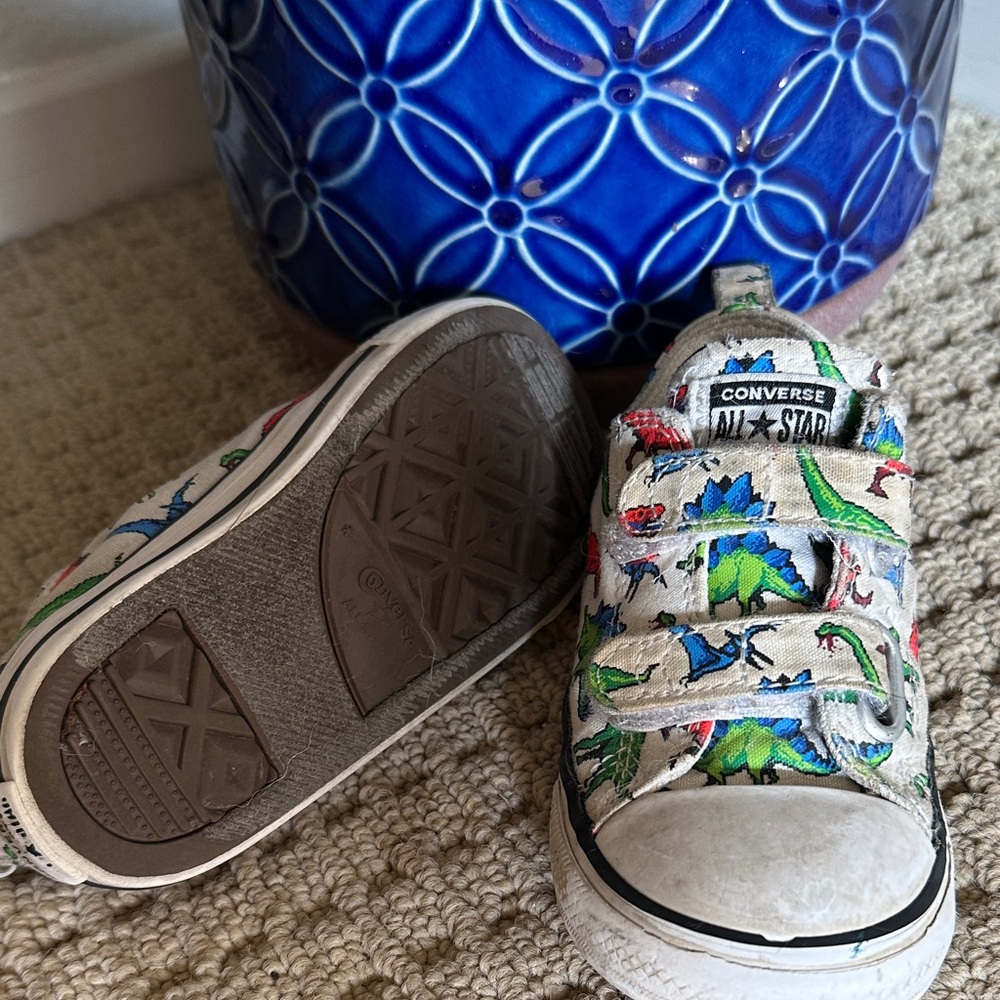 Converse Kids White Sneakers with Blue & Green Dino Print